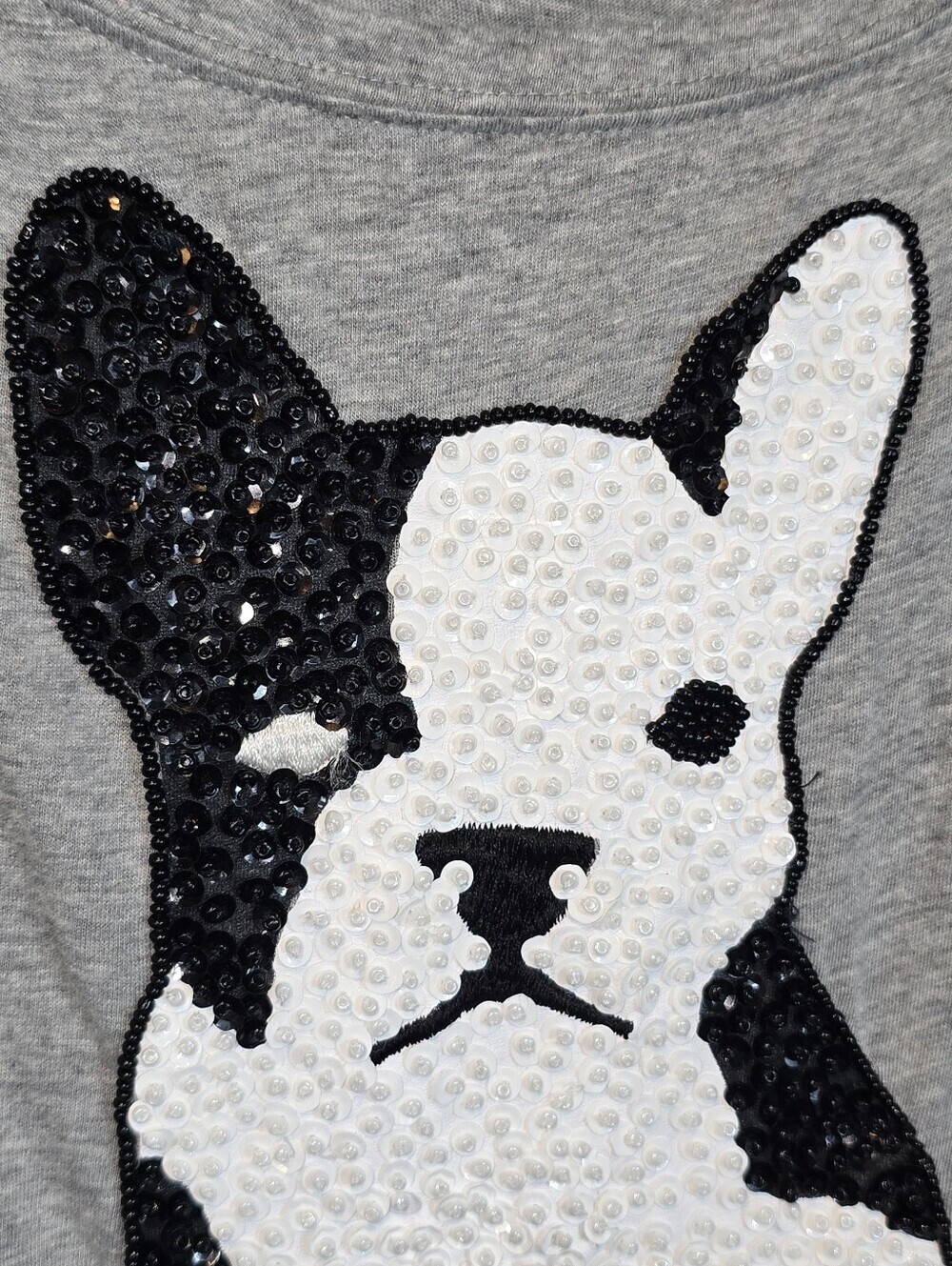 French Connection Sequin Beaded French Bulldog Graphic Cap Sleeve Tee Grey XS - Picture 4 of 8